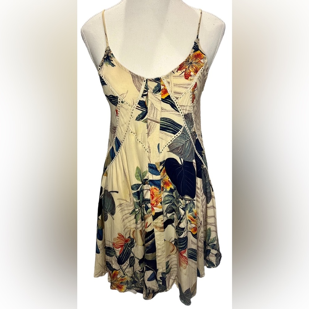RUMOR BOUTIQUE sundress tropical floral w/ crochet inserts & zipper back Size XS